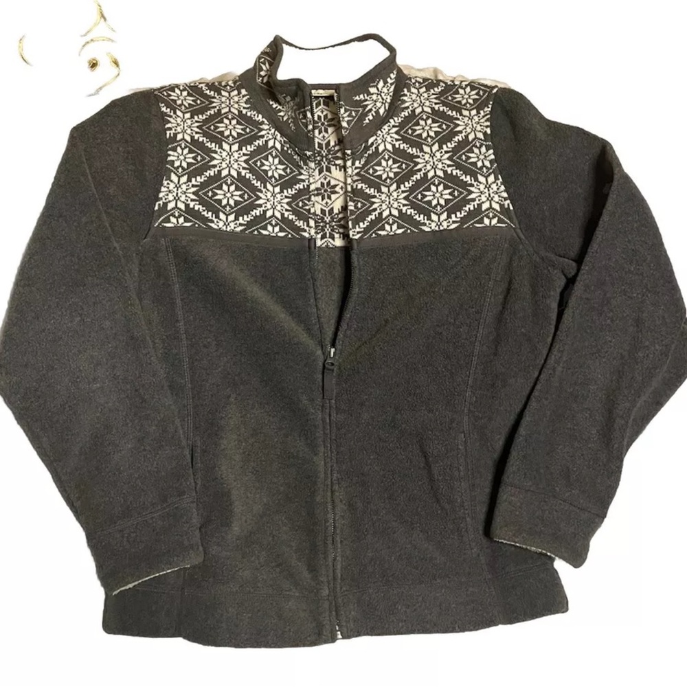 LL Bean Sweater Womens Size M Grey Fleece Fair Isle Snowflake Full Zip Jacket